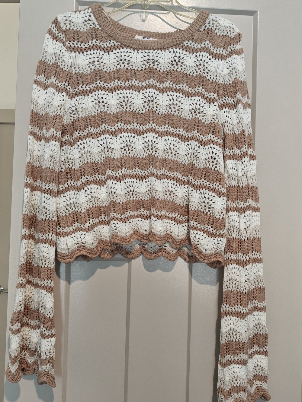 Hippie Rose Cream & Brown Crochet Scoop-Neck Striped Sweater